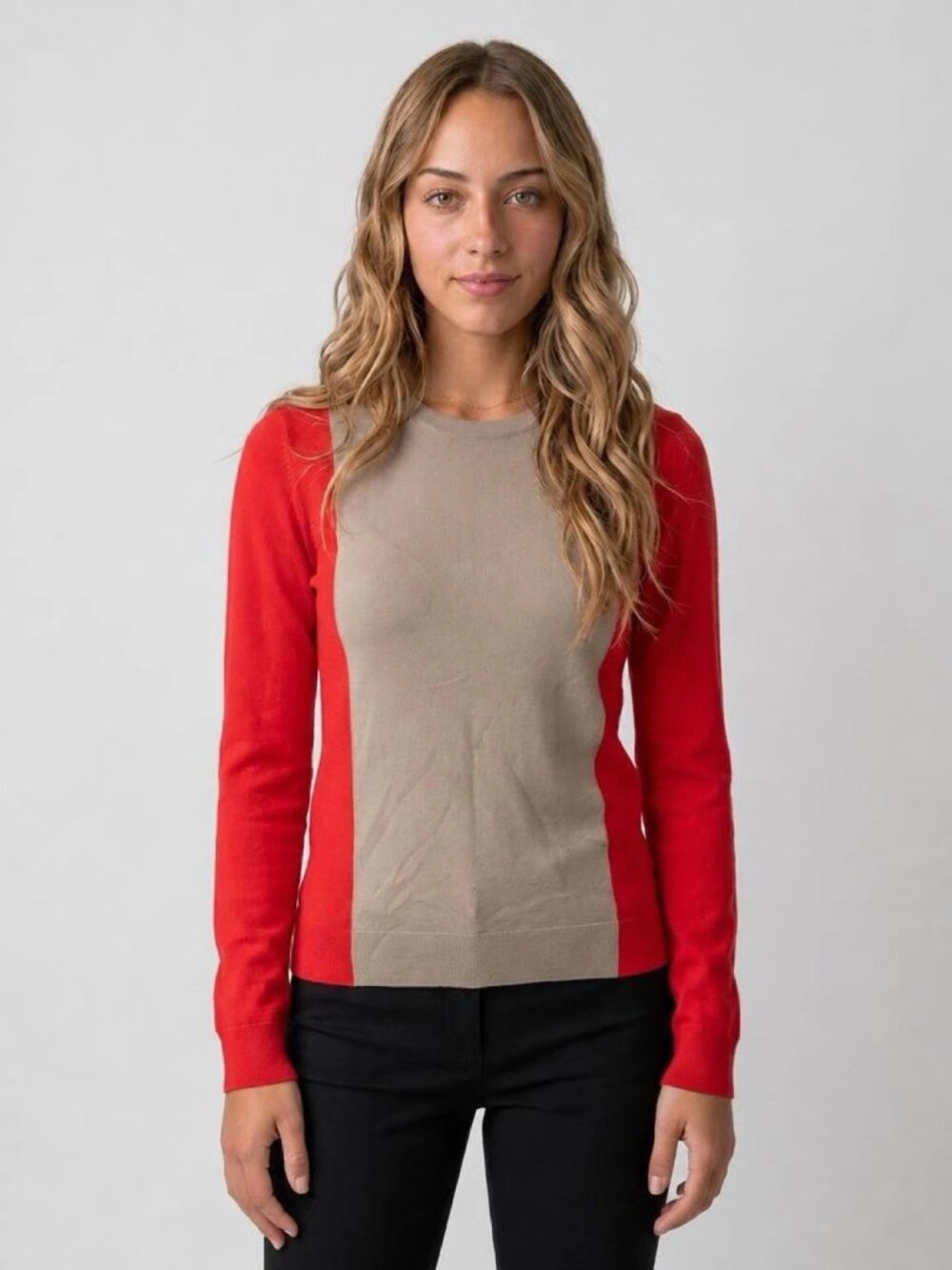 THEORY Red/Tan 100% Wool Colorblock Long Sleeve Sweater Sz M